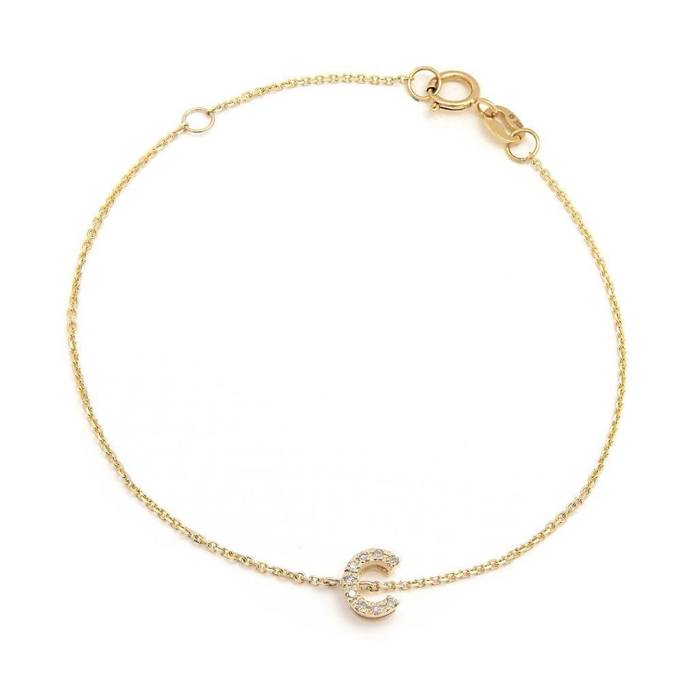 14K Real Yellow Gold  Initial ”C” Single Prong Diamond Bracelet 7+1″